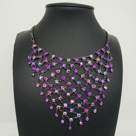 BEAUTIFUL!! Mesh Collar Cascade Purple Rhinestones Gunmetal Reversable Necklace - Picture 3 of 9